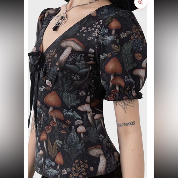 KIlLSTAR Night Forager Mushroom Goth Top V-Neck w/ Bow Side Zip Size XS NWOTs - Picture 9 of 9